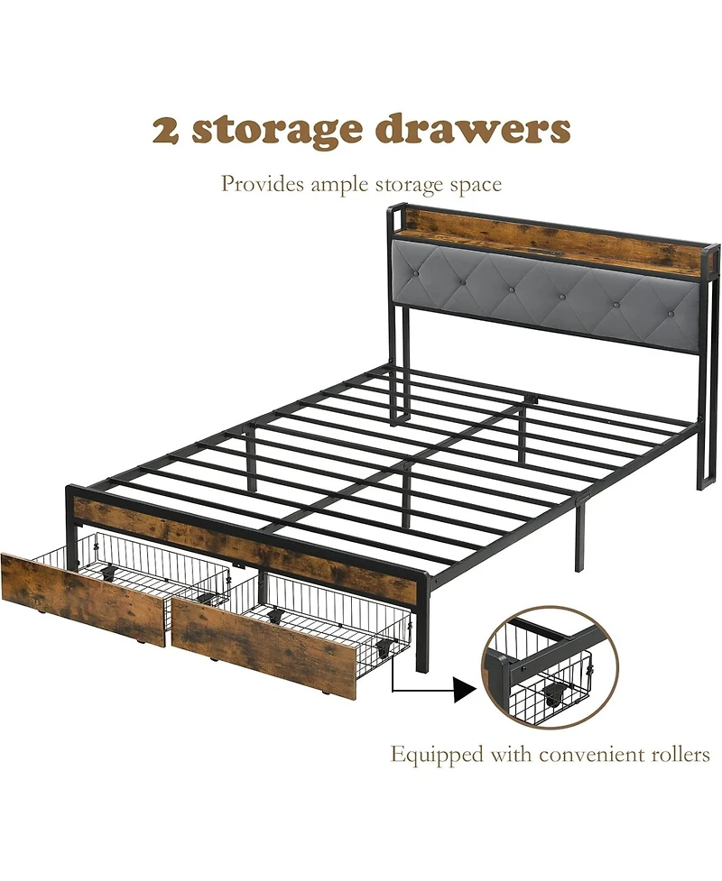 Rainsken Queen Size Heavy Duty Metal Platform Bed Frame with 2 Storage Drawers, Charging Station and Led Light Upholstered Headboard for Bedroom