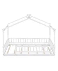 flynama Twin Size Wood House Bed Roof Fence Pine Wood Frame 7 Slats Kids Bedroom