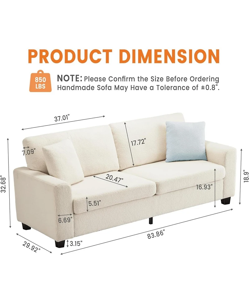 gaomon 90" Velvet 3-Seater Sofa, Oversized Tufted Couch with Wide Armrests and Washable Cushions, Living Room