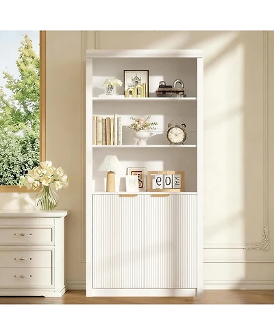 gaomon Tall Book Shelf and Bookcase, with Drawer Doors, Farmhouse Case Storage, Wood Storage Cabinet 5 Tier Display