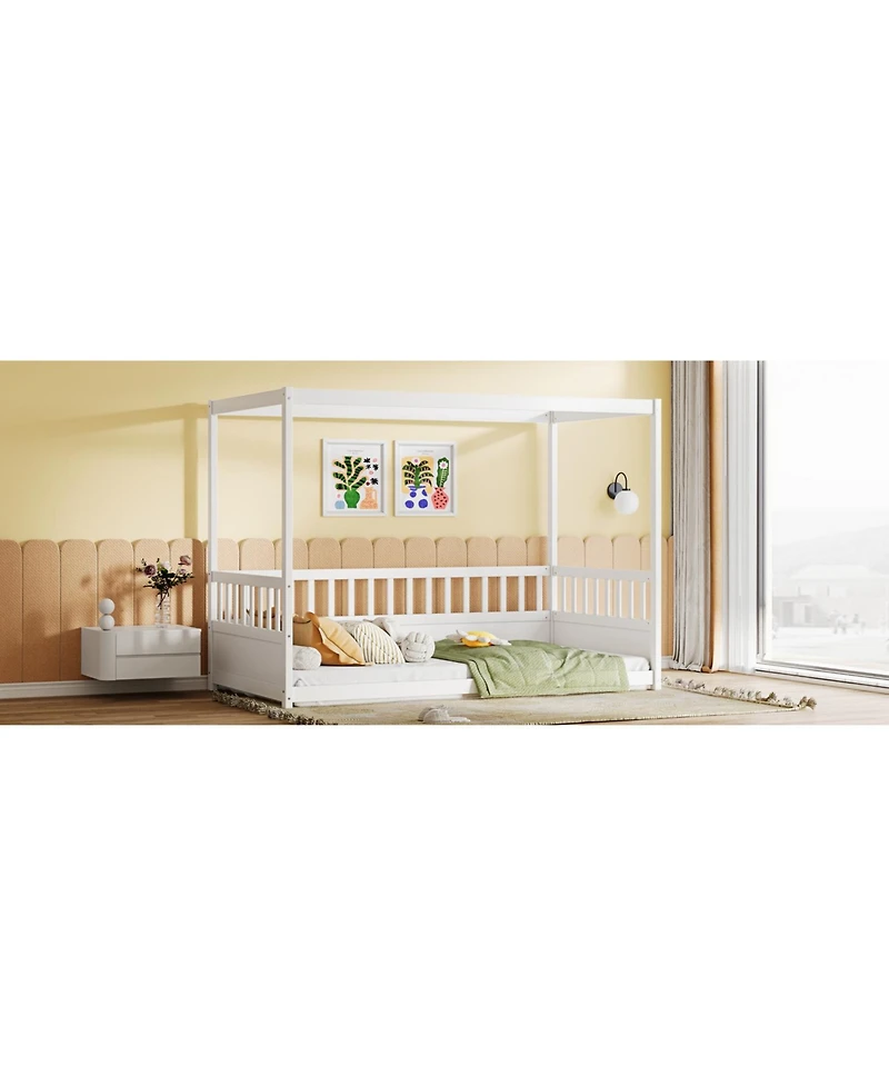 flynama Twin Size Wooden Canopy Floor Bed With Guardrails Four Poster Design For Kids