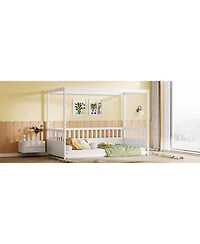 flynama Twin Size Wooden Canopy Floor Bed With Guardrails Four Poster Design For Kids