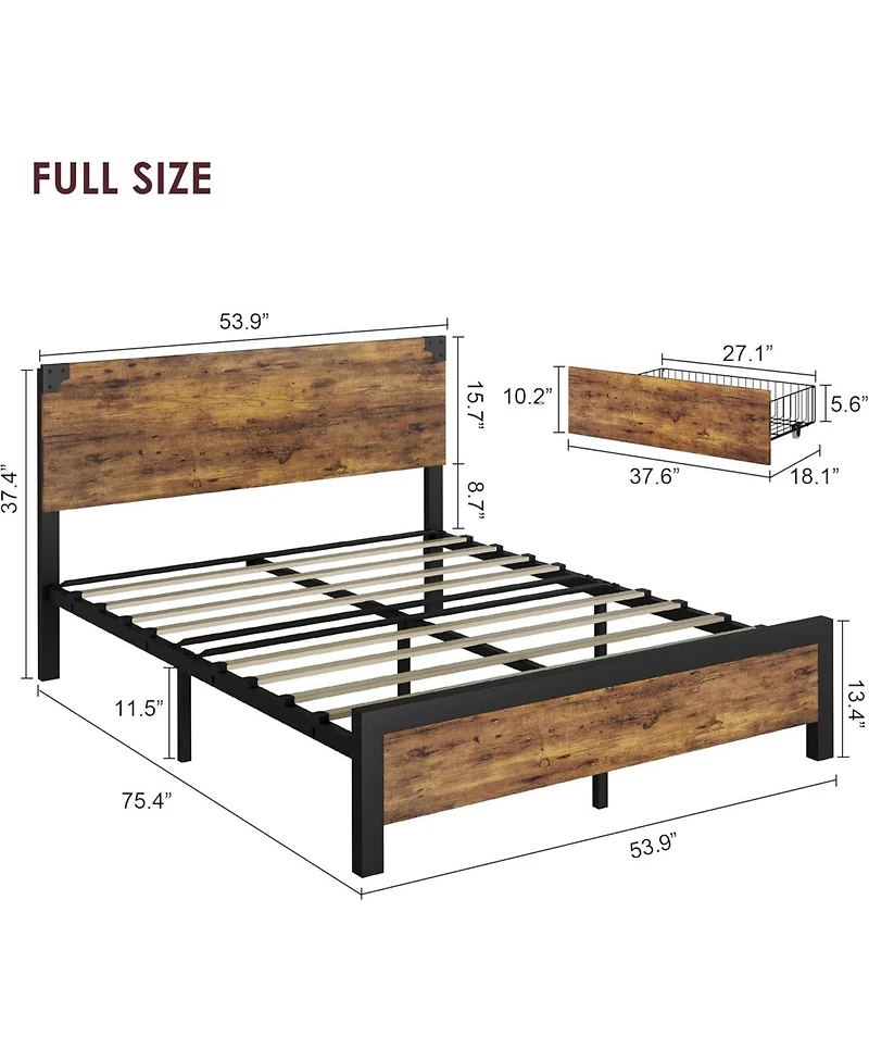 gaomon Full Bed Frame with 4 Storage Drawers, Heavy Duty Metal Platform & Wood Headboard, No Box Spring
