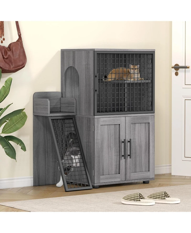 gaomon Modern Hidden Cat Litter Box Enclosure with Platform, Double-Layer Cabinet & Ladder