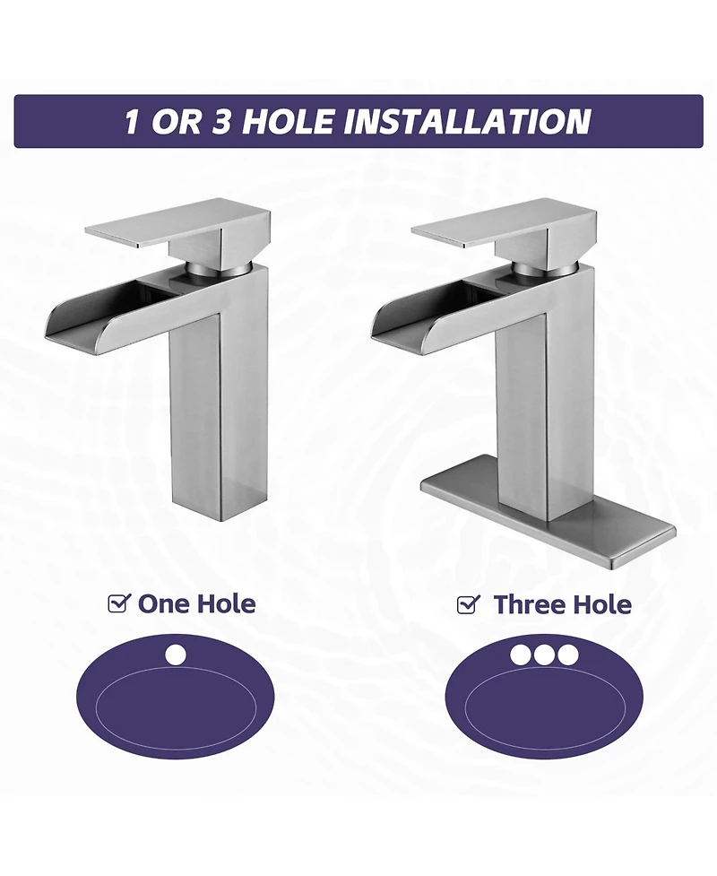 Busdays Brushed Nickel Waterfall Bathroom Faucet, Single Handle, 1/3 Hole with Deck Plate and Overflow Pop-Up Drain