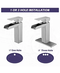 Busdays Brushed Nickel Waterfall Bathroom Faucet, Single Handle, 1/3 Hole with Deck Plate and Overflow Pop-Up Drain