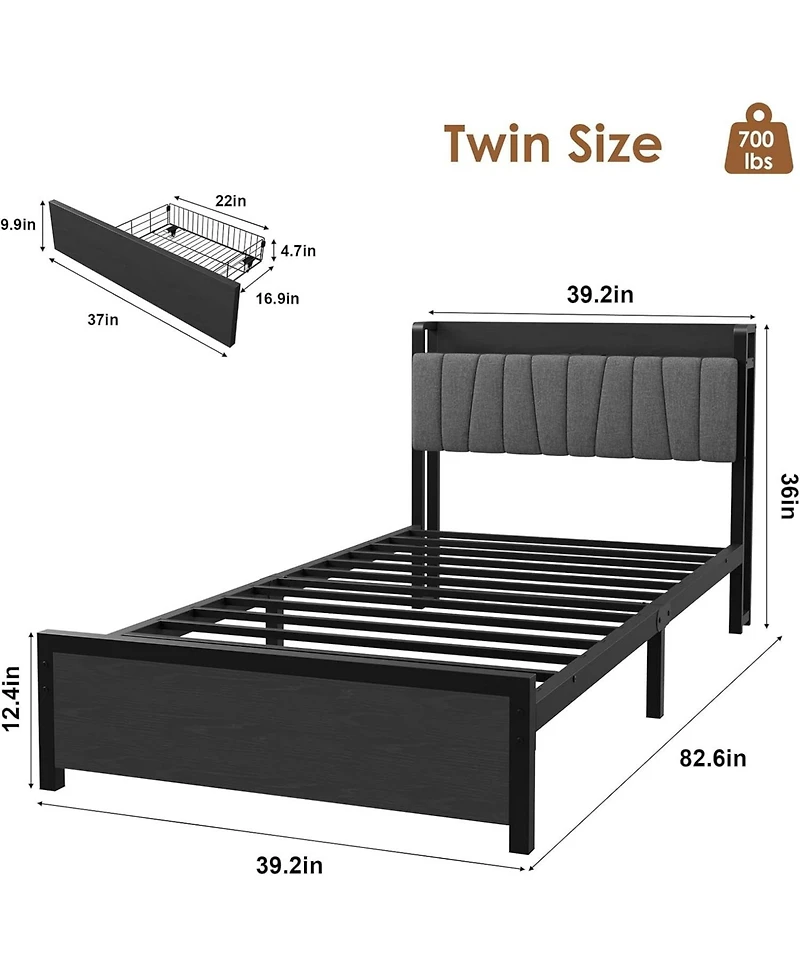 gaomon Bed Frame with Storage Drawer, Industrial Bed with Upholstered Headboard and Charging Station, No Box Spring Needed