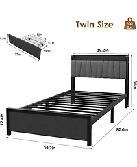 gaomon Bed Frame with Storage Drawer, Industrial Bed with Upholstered Headboard and Charging Station, No Box Spring Needed