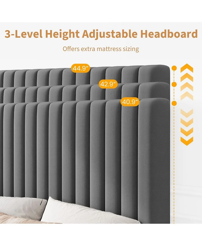 gaomon Iron + Mdf Vertical Stripe Bed Frame, Upholstered, Modern Design, No Box Spring, Sturdy Construction
