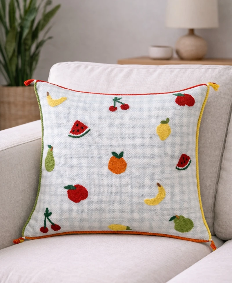 Vibhsa Tiny Fruits Spring Plaid Embroidered Decorative Pillow, 20" x 20"