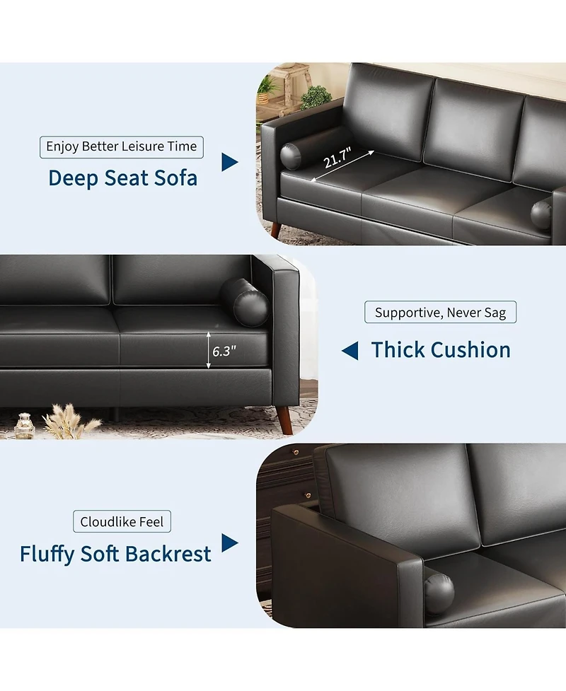 gaomon Leather Sofa for Living Room, Mid-Century Modern Couch with Deep Seats, Faux Couch, 3 Seat Removable Cover