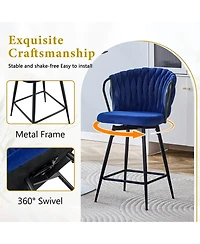 Rainsken Velvet Bar Stool Set of 2, Swivel Counter Height Chairs with Metal Frame and Woven Rope Backrest for Kitchen Island, Home Pub