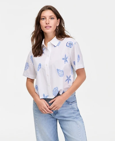 On 34th Women's Cotton Two-Tone Embroidered Eyelet Short-Sleeve Shirt, Macy's Exclusive
