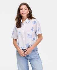 On 34th Womens Cotton Two Tone Embroidered Eyelet Short Sleeve Shirt Macys Exclusive