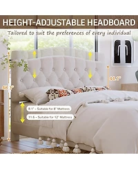flynama Upholstered Platform Bed Saddle Curved Adjustable Headboard Diamond Tufted Beige No Box Spring