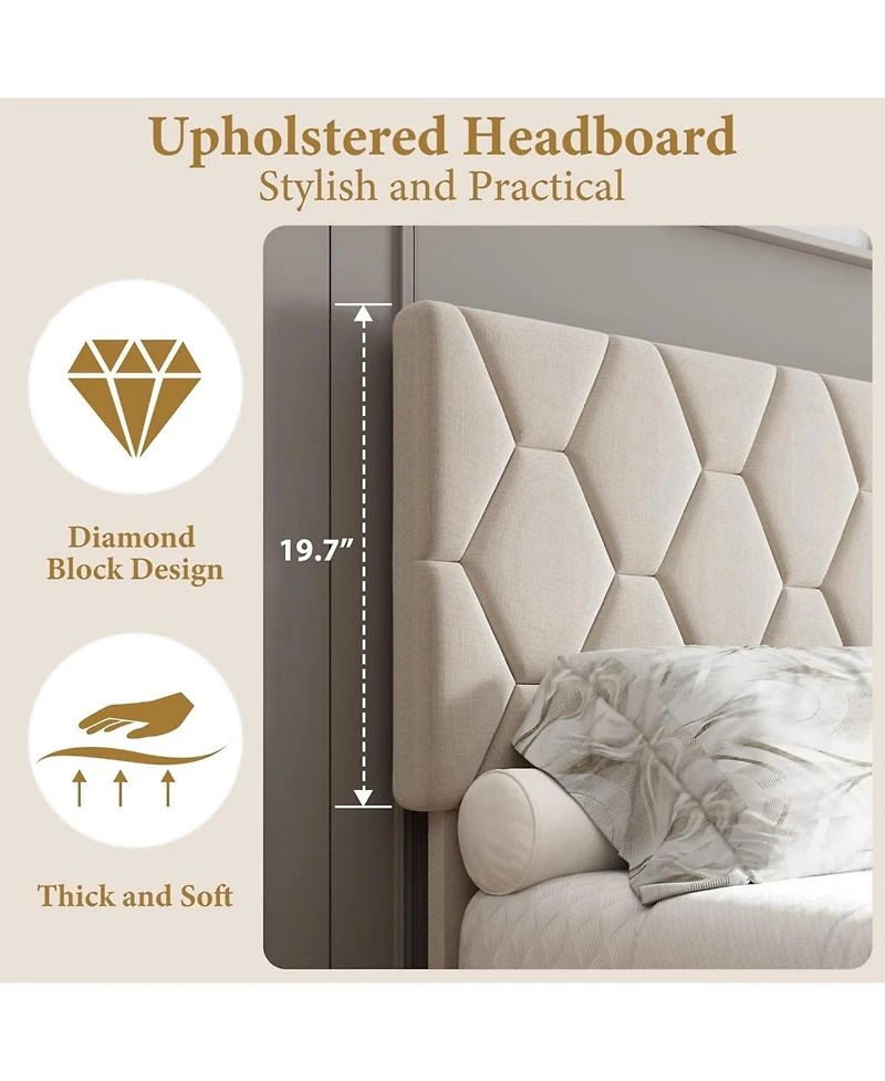 gaomon Twin Size Mdf + Iron + Fabric Diagonal Grid Soft Mattress, Comfortable Upholstered Bed Frame in Beige, No Box Spring Needed