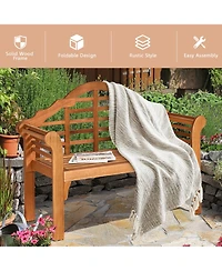 Gymax Foldable Patio Wooden Bench Garden Loveseat with Crown-Like Backrest