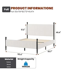 gaomon Full Size Velvet Corduroy Fabric Bed Frame, Plywood and Iron Construction, Cone-Shaped Iron Foot, Soft Bag Design