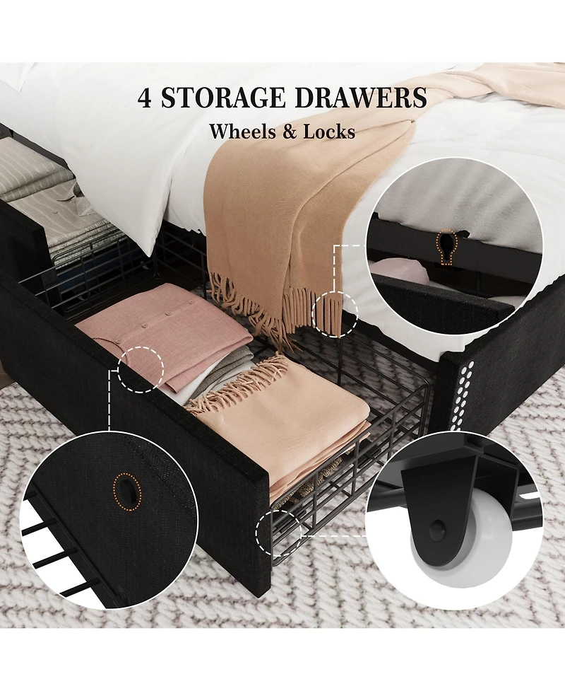 gaomon Queen Bed Frame with Wingback Headboard & 4 Drawers, Velvet Upholstered, Charging Station, Button Tufted, No Box Spring
