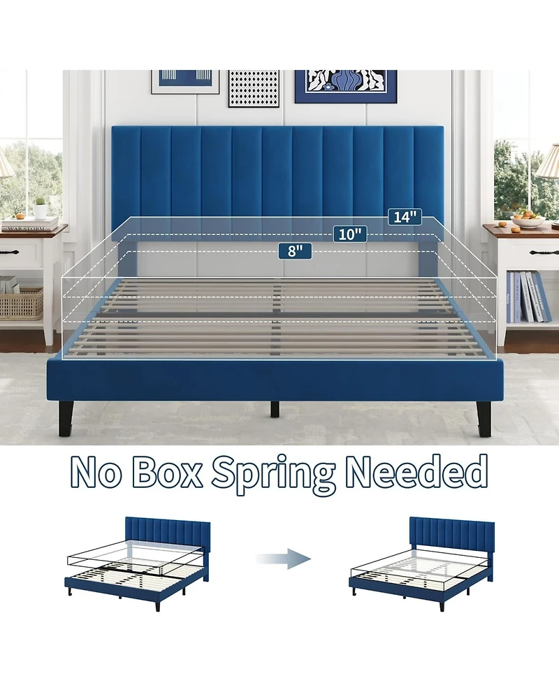 gaomon Queen Size Velvet Iron Mdf Vertical Pattern Soft Bag Basic Bed, Upholstered Bed Frame, Stylish Design, Comfortable Mattress, No Box Spring