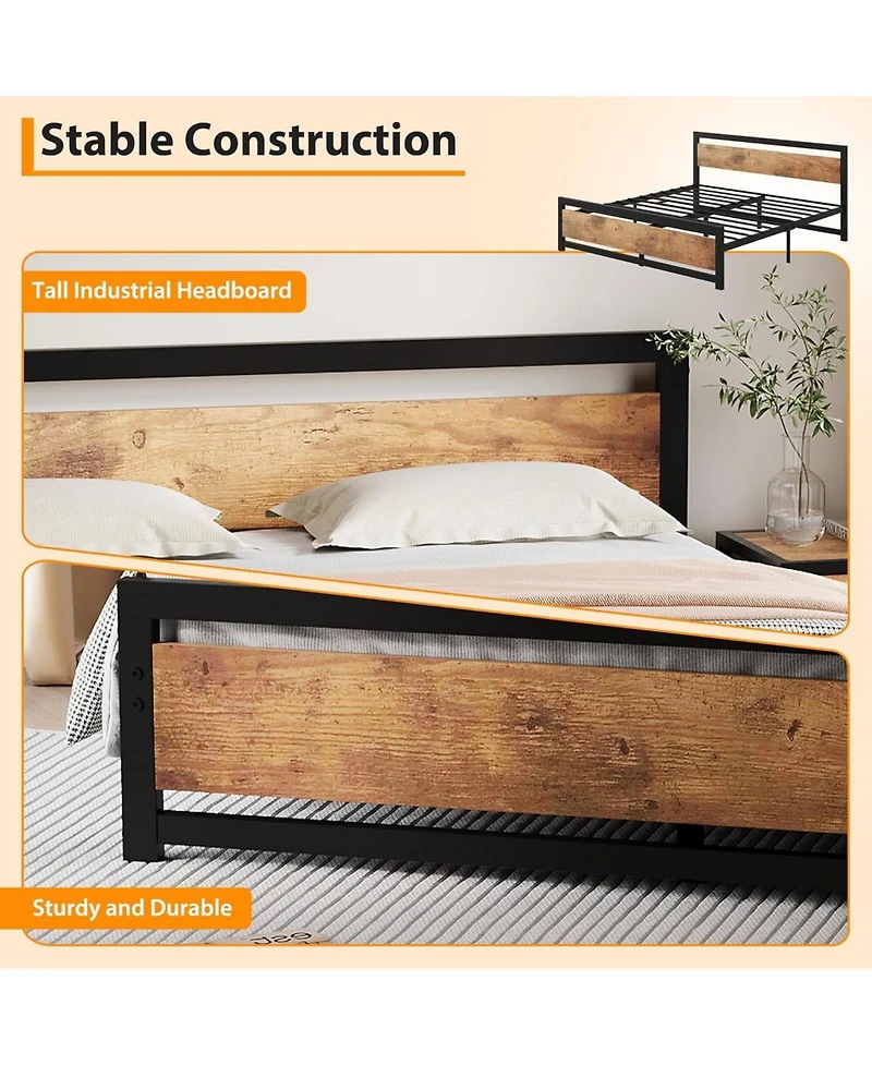 gaomon King Bed Frame, Metal Platform with Wooden Headboard and Footboard, Non-Slip Heavy Duty, Large Under Bed Storage, Noise-free, No Box Spring