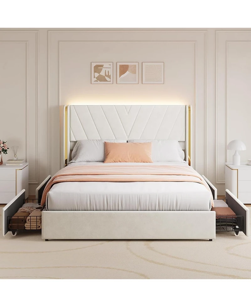 gaomon Upholstered Led Bed Frame with 4 Storage Drawers, Rgb Lights, Platform Bed Frame with Wingback Headboard, No Box Spring, Noise-Free