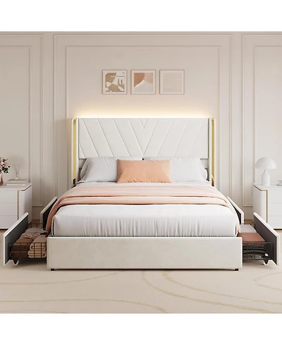 gaomon Upholstered Led Bed Frame with 4 Storage Drawers, Rgb Lights, Platform Bed Frame with Wingback Headboard, No Box Spring, Noise-Free