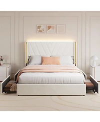 gaomon Upholstered Led Bed Frame with 4 Storage Drawers, Rgb Lights, Platform Bed Frame with Wingback Headboard, No Box Spring, Noise-Free