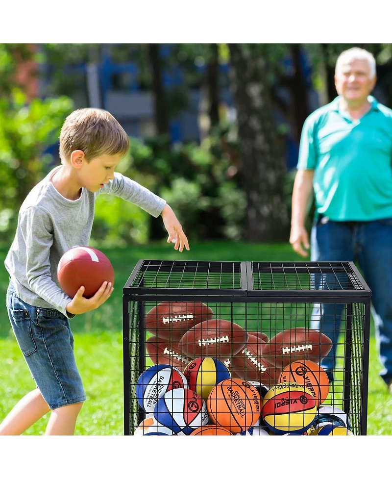 Mecale Rolling Sports Ball Storage Cart with Double Lid, Steel Equipment Organizer for Garage and Gym