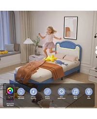 gaomon Twin Size Upholstered Bed Frame with Led Lights, Fabric Headboard, Princess Platform Bed, Wood Slats, No Box Spring