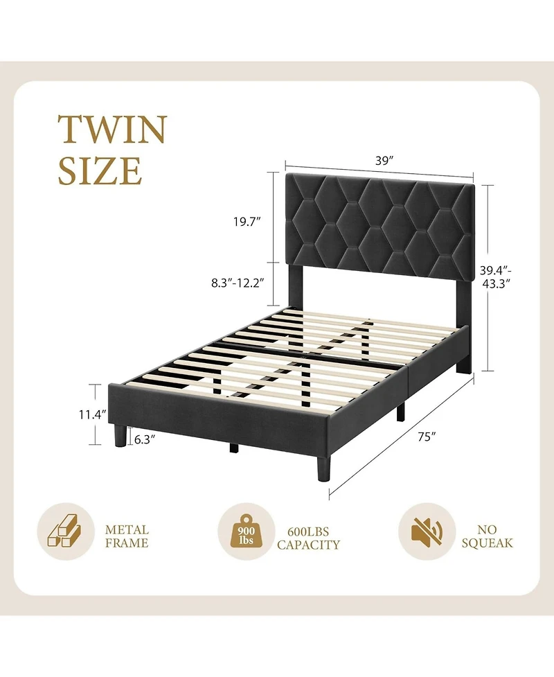 gaomon Twin Size Mdf + Iron + Fabric Diagonal Grid Soft Mattress, Comfortable Upholstered Bed Frame in Gray, No Box Spring Needed, Space-Saving Design