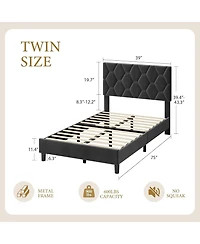 gaomon Twin Size Mdf + Iron + Fabric Diagonal Grid Soft Mattress, Comfortable Upholstered Bed Frame in Gray, No Box Spring Needed, Space-Saving Design
