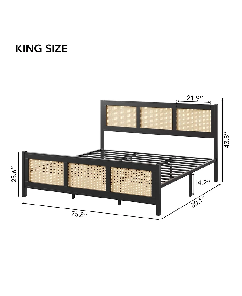 gaomon King Size Rattan Bed Frame, Boho Cane Platform Bed Frame, with Strong Metal Slat & Headboard, Easy Assemble,No Box Spring Needed