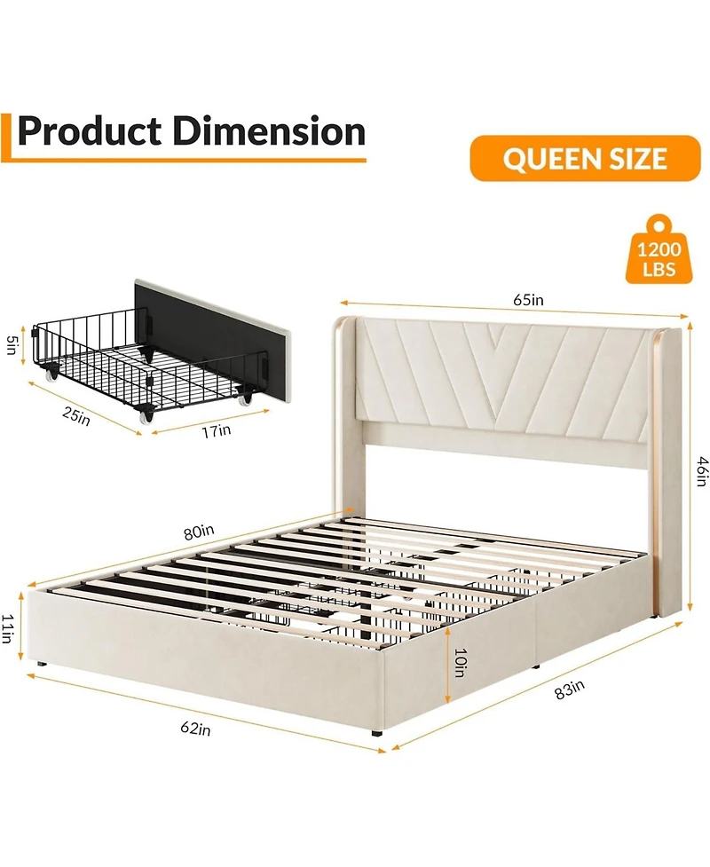 gaomon Queen Velvet Platform Bed Frame with 4 Storage Drawers, Rgb Led Lights & Wingback Headboard, Noise-Free, No Box Spring, Easy Assembly