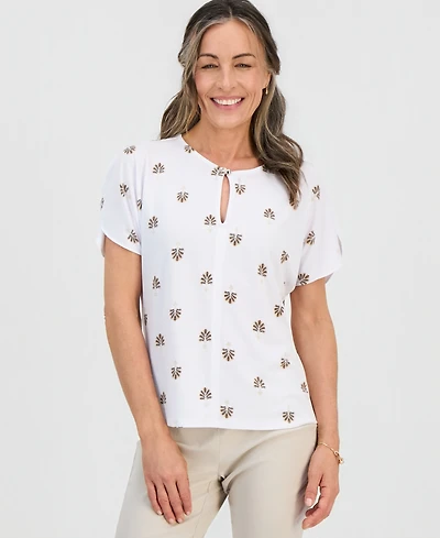 Jm Collection Petite Painted Fan Keyhole Short-Sleeve Top, Macy's Exclusive