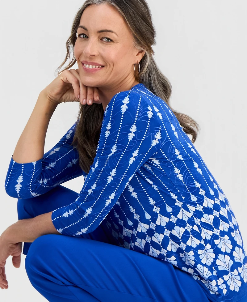 Jm Collection Petite Sienna Border 3/4-Sleeve Top, Macy's Exclusive