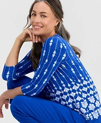 Jm Collection Petite Sienna Border 3/4-Sleeve Top, Macy's Exclusive