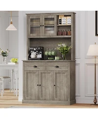 gaomon tall freestanding kitchen pantry cabinet with drawers, adjustable shelves, and microwave stand for kitchen or dining room