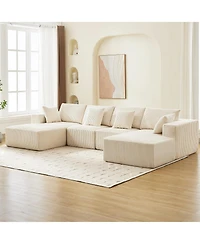 gaomon 137" U-Shaped Modular Sectional Sofa, 4-Piece Corduroy Cloud Couch with Double Chaise, Pillows & No Assembly