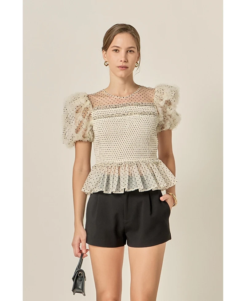 English Factory Women's Polka Dot Puff Sleeve Top