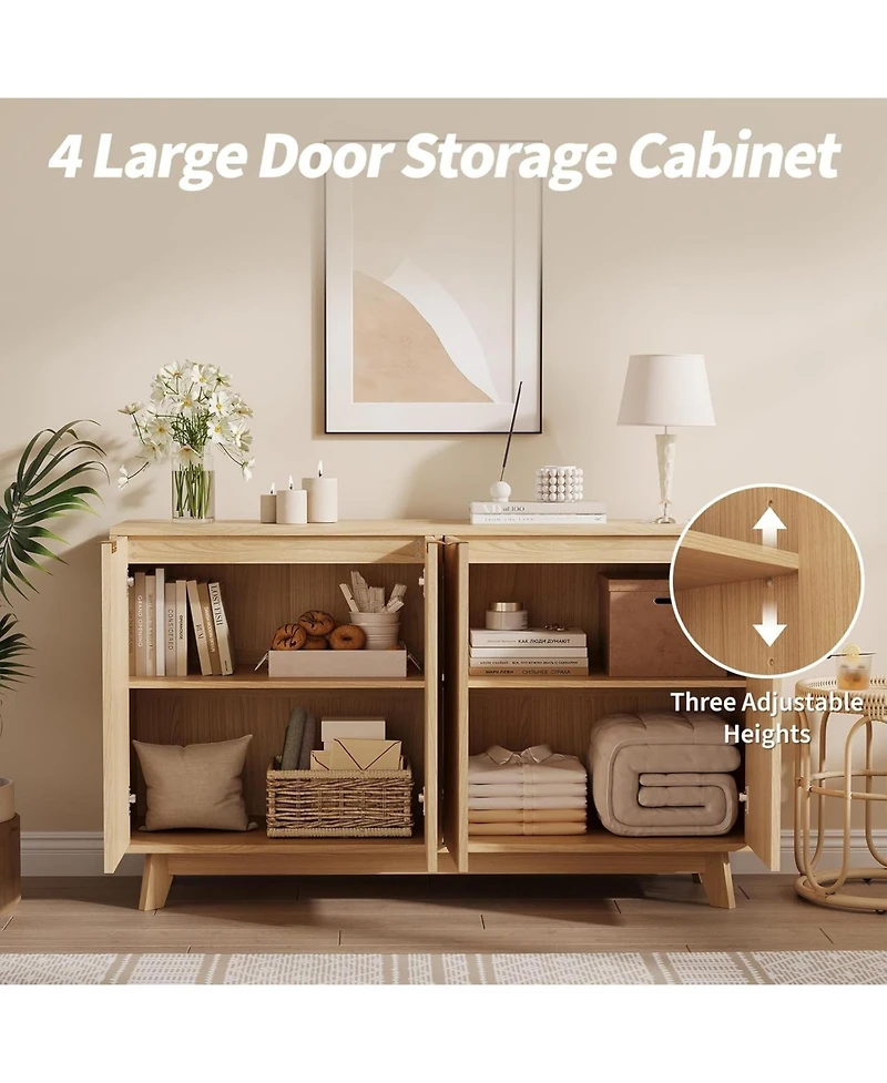 gaomon Fluted Accent Buffet Cabinet with Storage, 4 Doors Sideboard Buffet, Mid Century Modern Accent Cabinet with Adjustable Shelves, Console Table