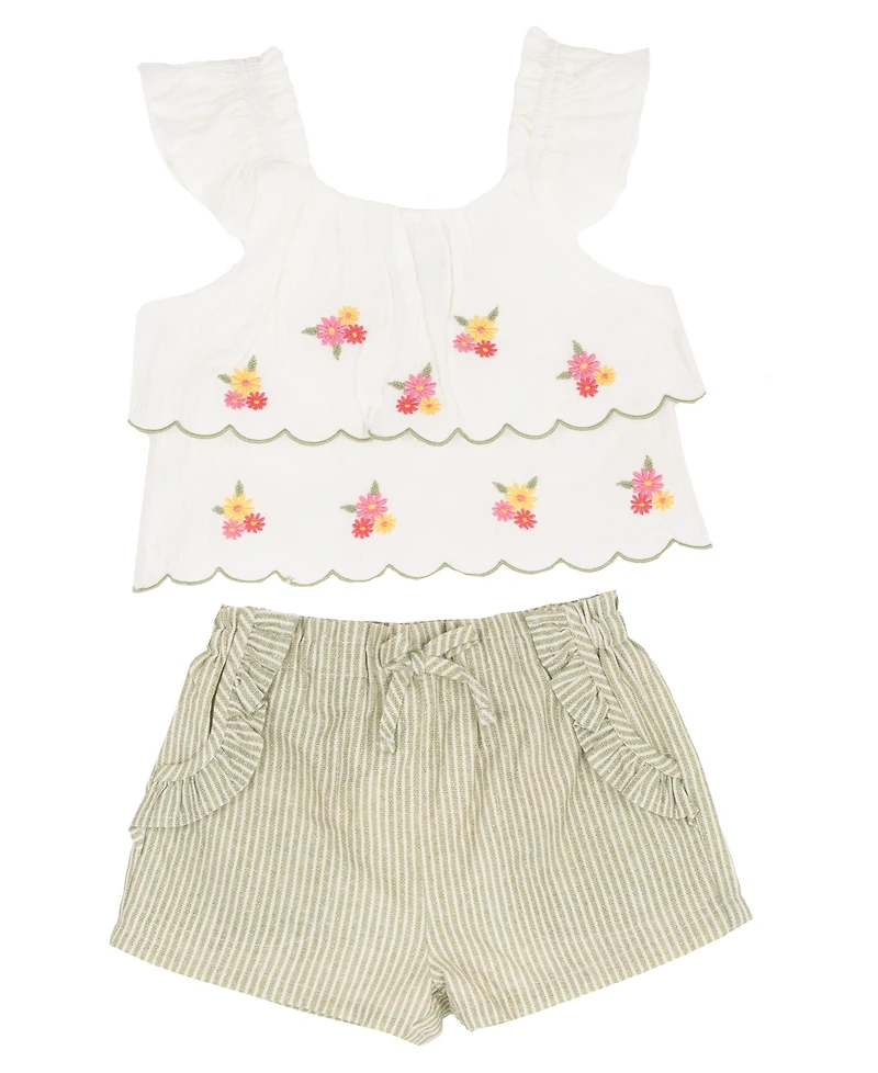 Rare Editions Baby Girls' Flutter Cap Sleeve Top and Stripe Olive Shorts, 2-Piece Set