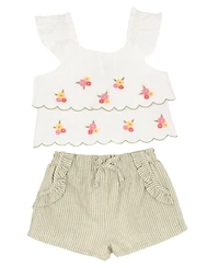 Rare Editions Baby Girls' Flutter Cap Sleeve Top and Stripe Olive Shorts, 2-Piece Set
