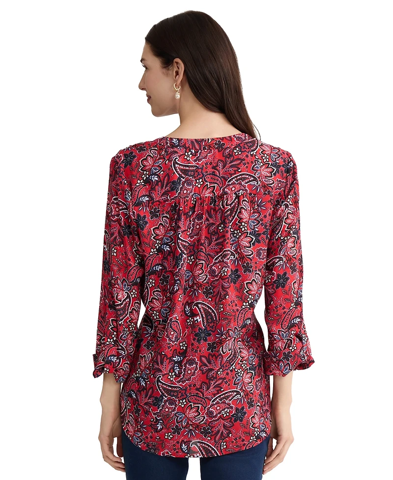 Jones New York Women's Long-Sleeve V-Neck Printed Polyester Top