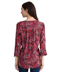 Jones New York Women's Long-Sleeve V-Neck Printed Polyester Top