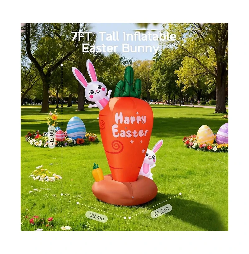 Hongge 7 ft Inflatable Easter Bunny with Led Lights and Carrot for Yard and Garden