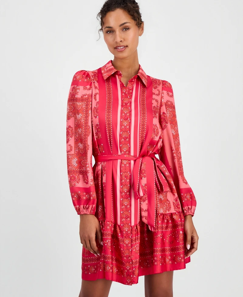 Anne Klein Women's Long-Sleeve Scarf-Print Twill Shirt-Dress