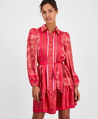 Anne Klein Women's Long-Sleeve Scarf-Print Twill Shirt-Dress