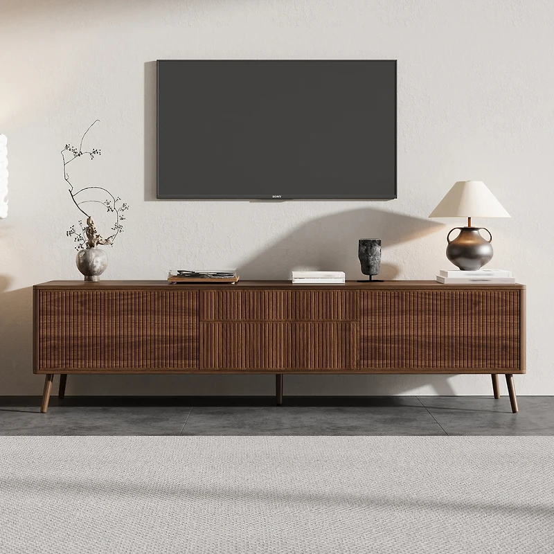 sumyeg 70 inch Fluted Storage Cabinet with Tv Stand Drawers with Cable Management, Solid Wood Legs, Soft-Close Hinges