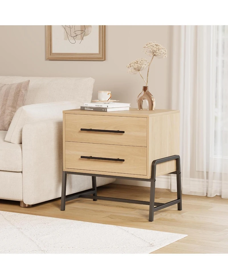 gaomon farmhouse nightstand with 2 drawers, rustic light wood table with metal legs for bedroom or living room
